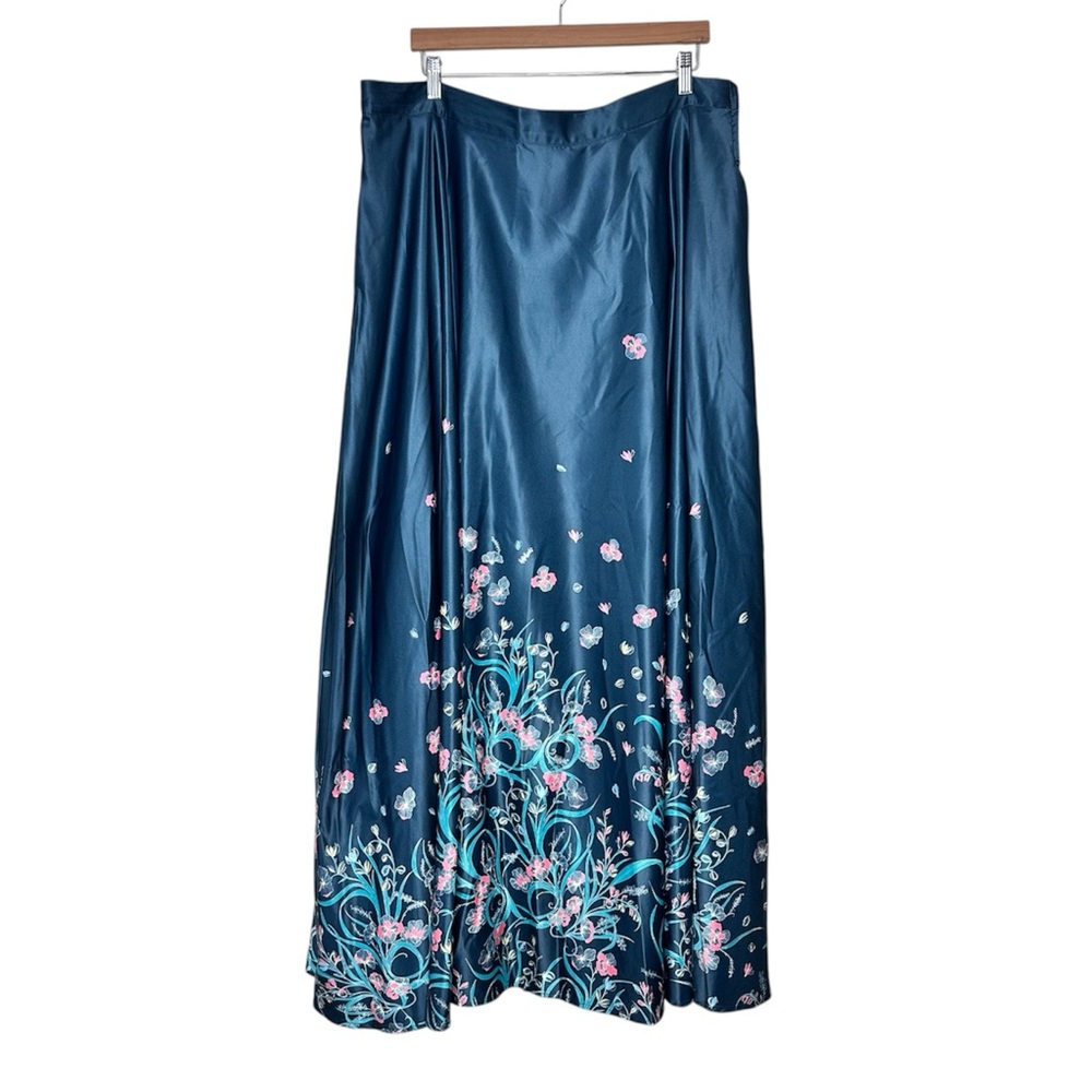 Modcloth Satin Arose Such A Classic Maxi Skirt Size 2X High Waist Floral Teal